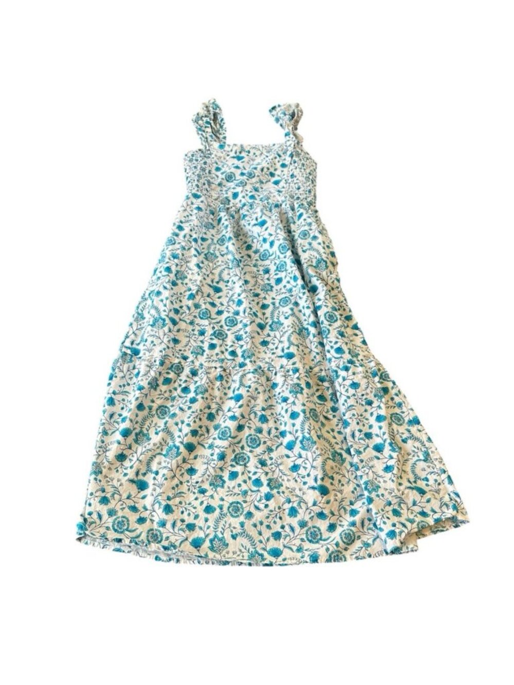 Draper James Floral Smocked Sundress White Teal‎ M 100% Cotton Cottagecore